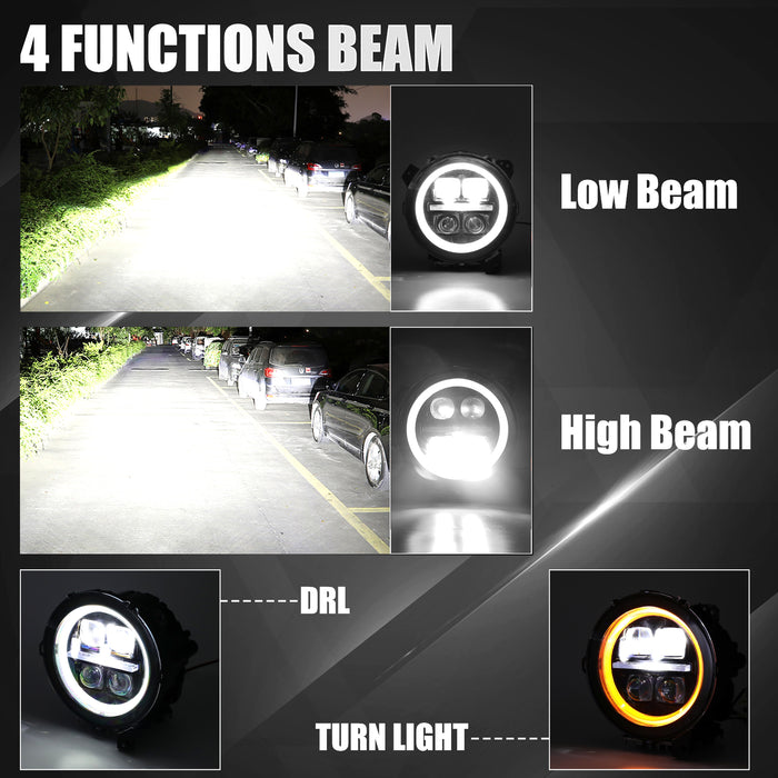 9" 3D Four Lens-Type Jeep Wrangler JL 4xe Gladiator LED Headlights Featuring a Dynamic Welcome Sequence, Integrated DRL, and Turn Signals