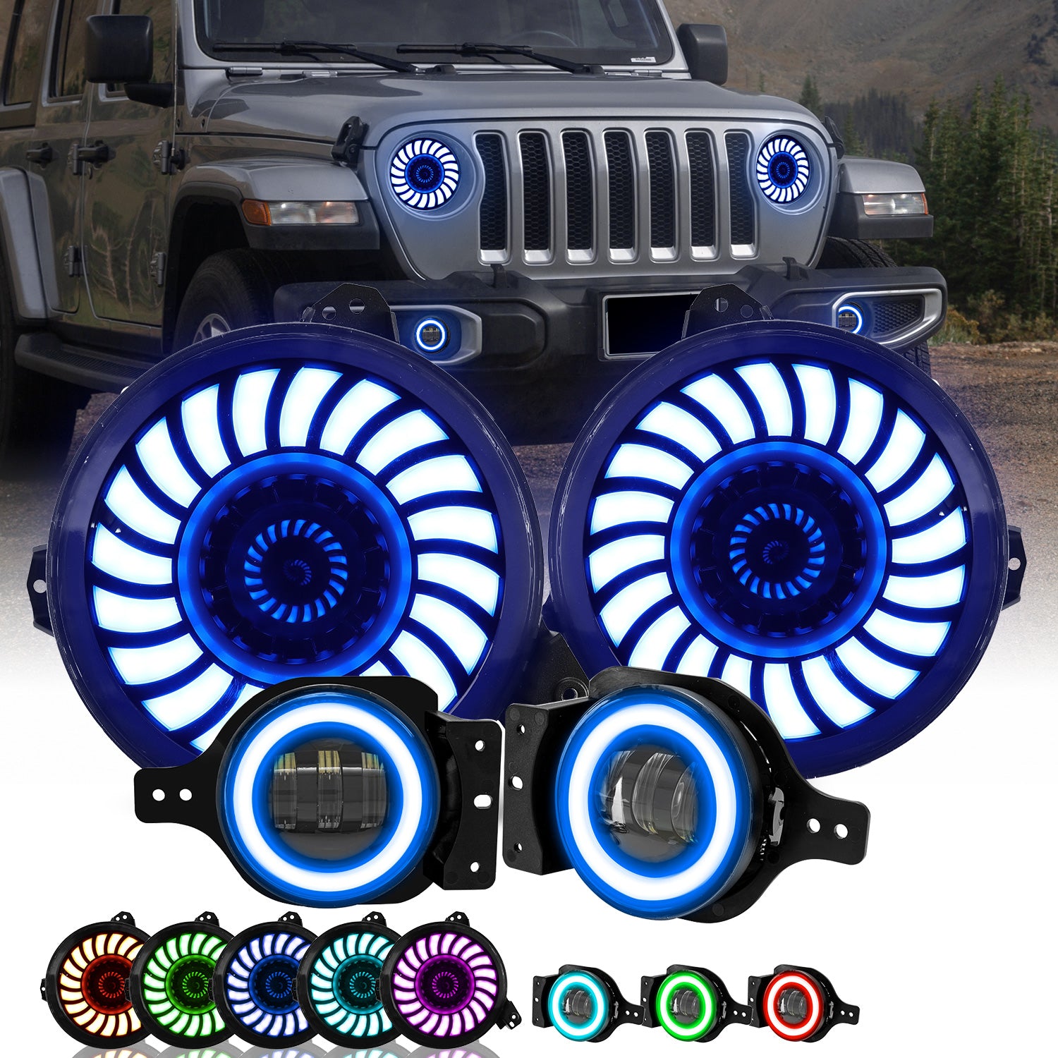 9" RGBW 3D LED Lens Halo Headlights + 4" RGBW Fog Lights Combo Kit for 2018-2026 Jeep Wrangler JL JLU 4xe & Jeep Gladiator JT