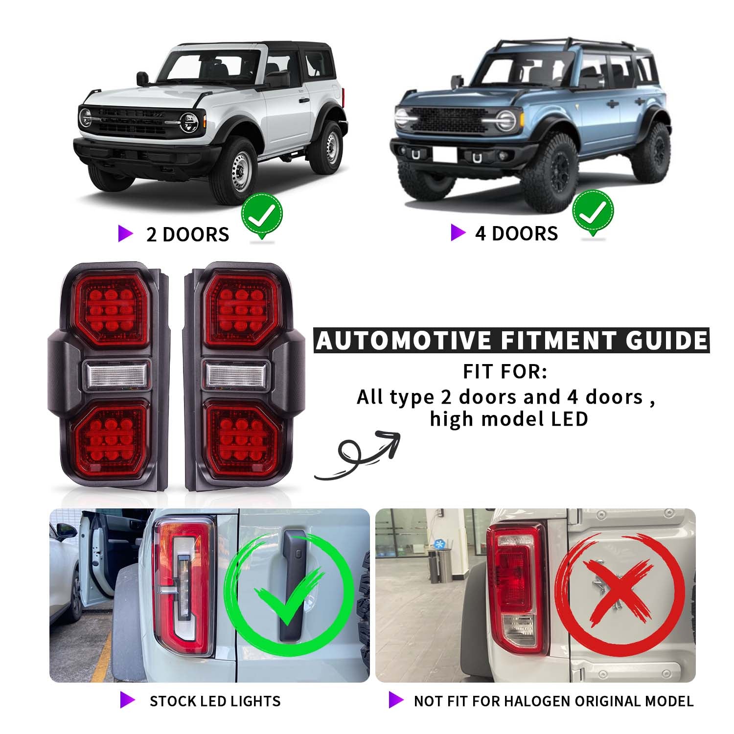 LED Tail Lights Assembly Red Lens with Brake Lights & Turn Signals Reverse Lights & Running Lights for 2021-2026 Ford Bronco (2Pcs/Set)