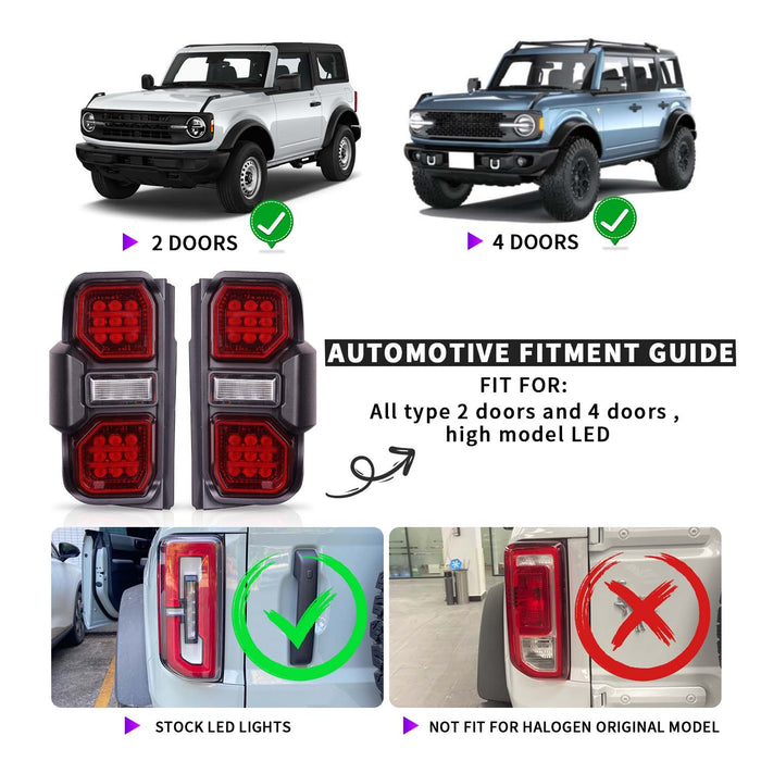 LED Tail Lights Assembly Red Lens for 2021-2025 Ford Bronco with Brake Lights & Turn Signals Reverse Lights & Running Lights (2Pcs/Set)