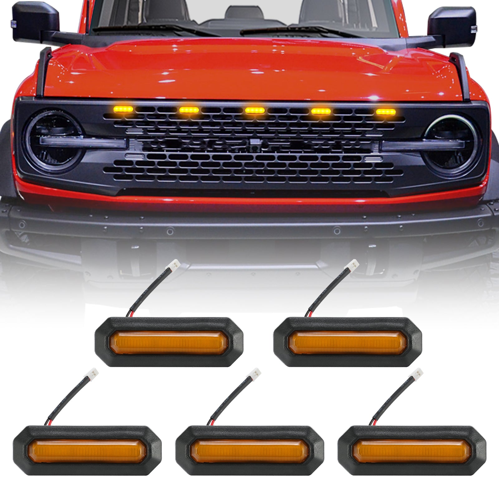5PCS LED Grille Lights Amber & Smoked with Wiring Harness for 2021-2026 Ford Bronco 2/4 Doors Badlands/ Wildtrak/ Everglades