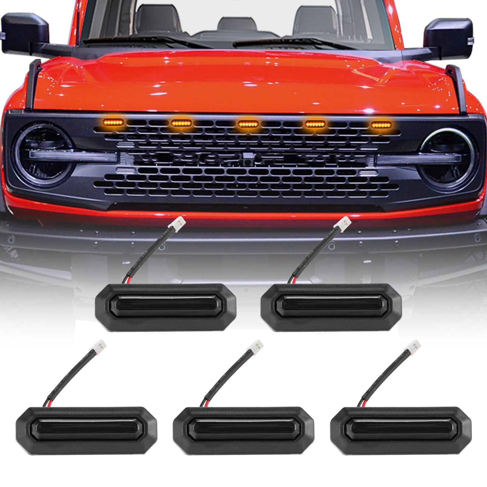 5PCS LED Grille Lights Amber & Smoked with Wiring Harness for 2021-2026 Ford Bronco 2/4 Doors Badlands/ Wildtrak/ Everglades