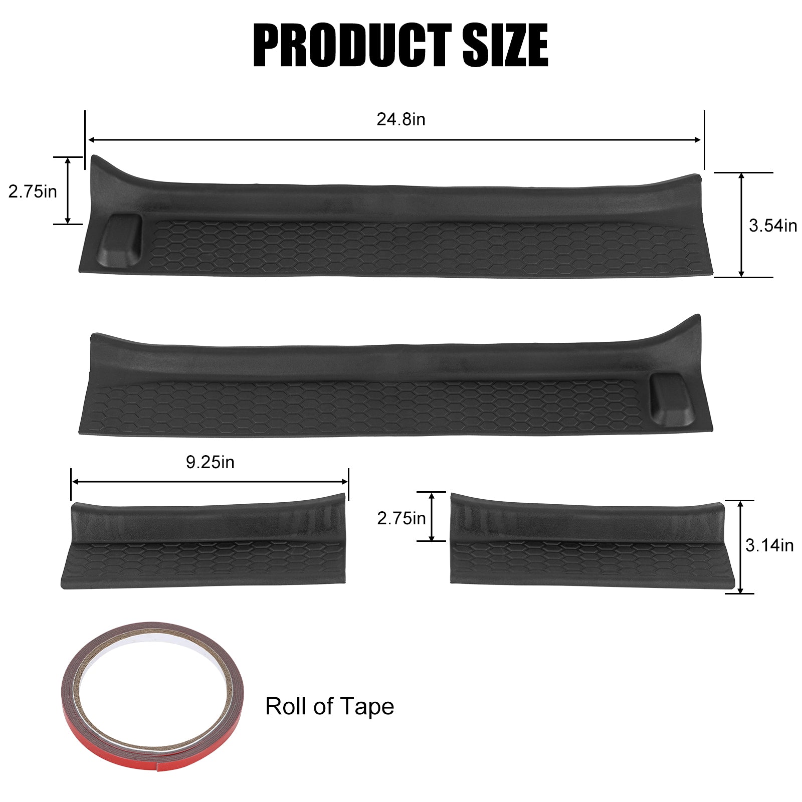 Door Sill Guards Kit for 2018-2026 Jeep Wrangler JL JLU 4XE and Jeep Gladiator JT (4 PCS) product size dimensions display.