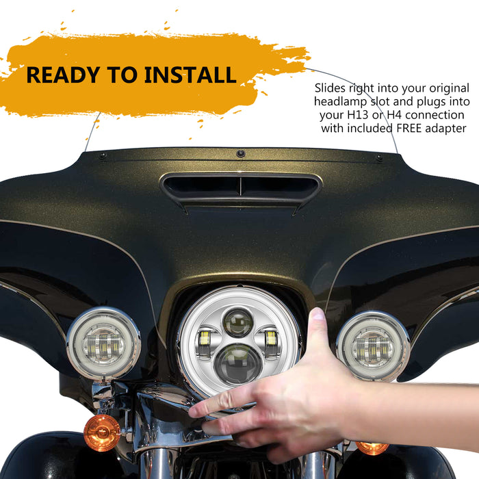 7" LED Headlights & 4" LED Passing Lights & Mounting brackets with Halo DRL Turn Signal for Harley