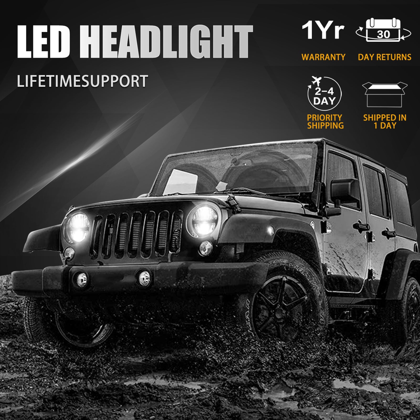 7 inch LED Headlights with Hi/Lo Beam for Jeep Wrangler JK/JKU CJ-8 CJ-7 TJ Chevy and Miata  (2pcs/set)
