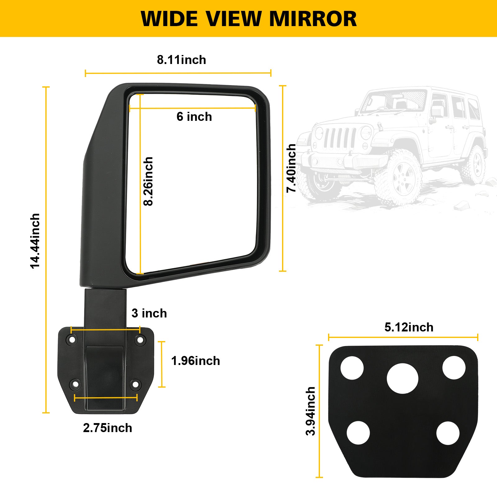 [1987-2026 Universal] 4-Bolt Half-Door Rearview Mirrors Pair for Jeep Wrangler YJ TJ LJ JK JL 4xe Gladiator JT