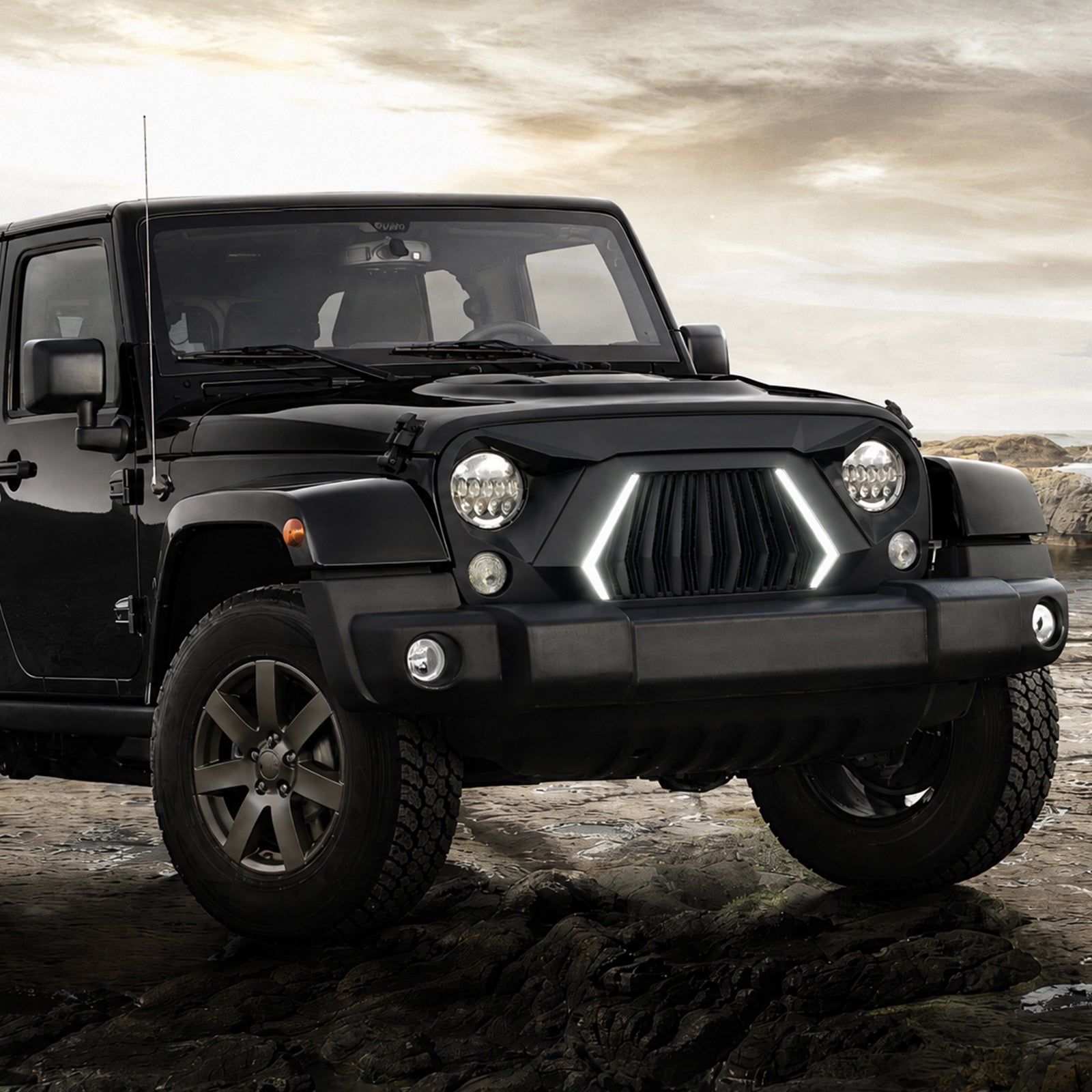 Aggressive Shark Grille with Integrated LED DRL & Turn Signals Compatible with 2007-2018 Jeep Wrangler JK JKU