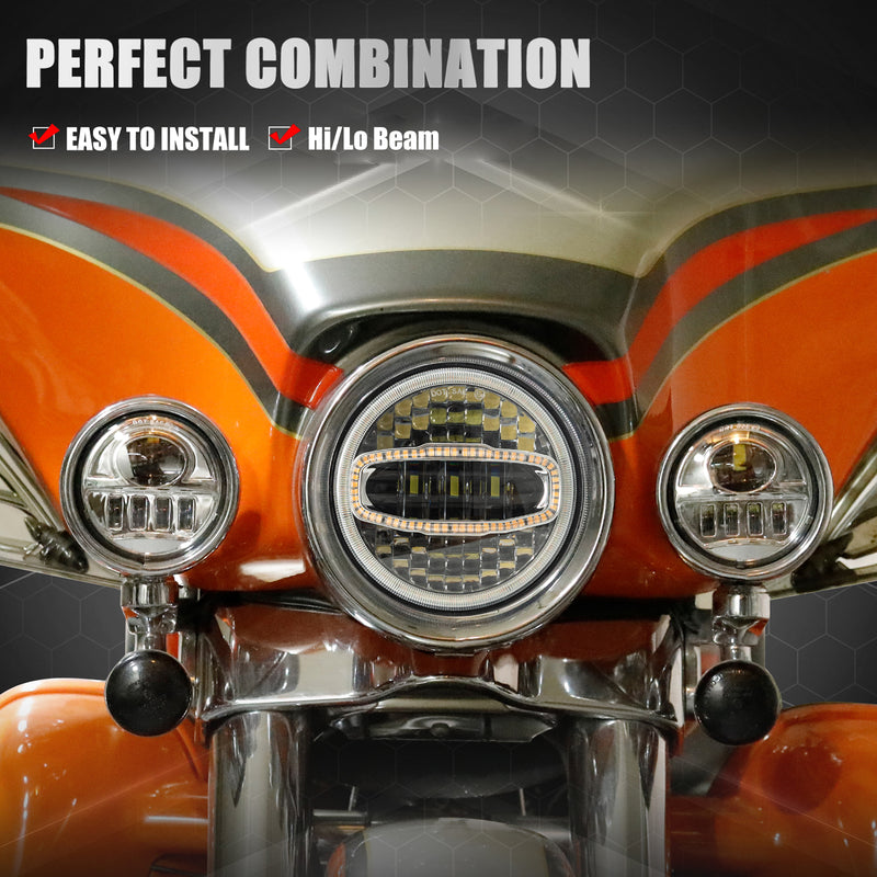7-Inch 5D Lens LED Headlight Kit with DRL, Mounting Bracket & Wiring Adapters for Harley, Indian & Yamaha