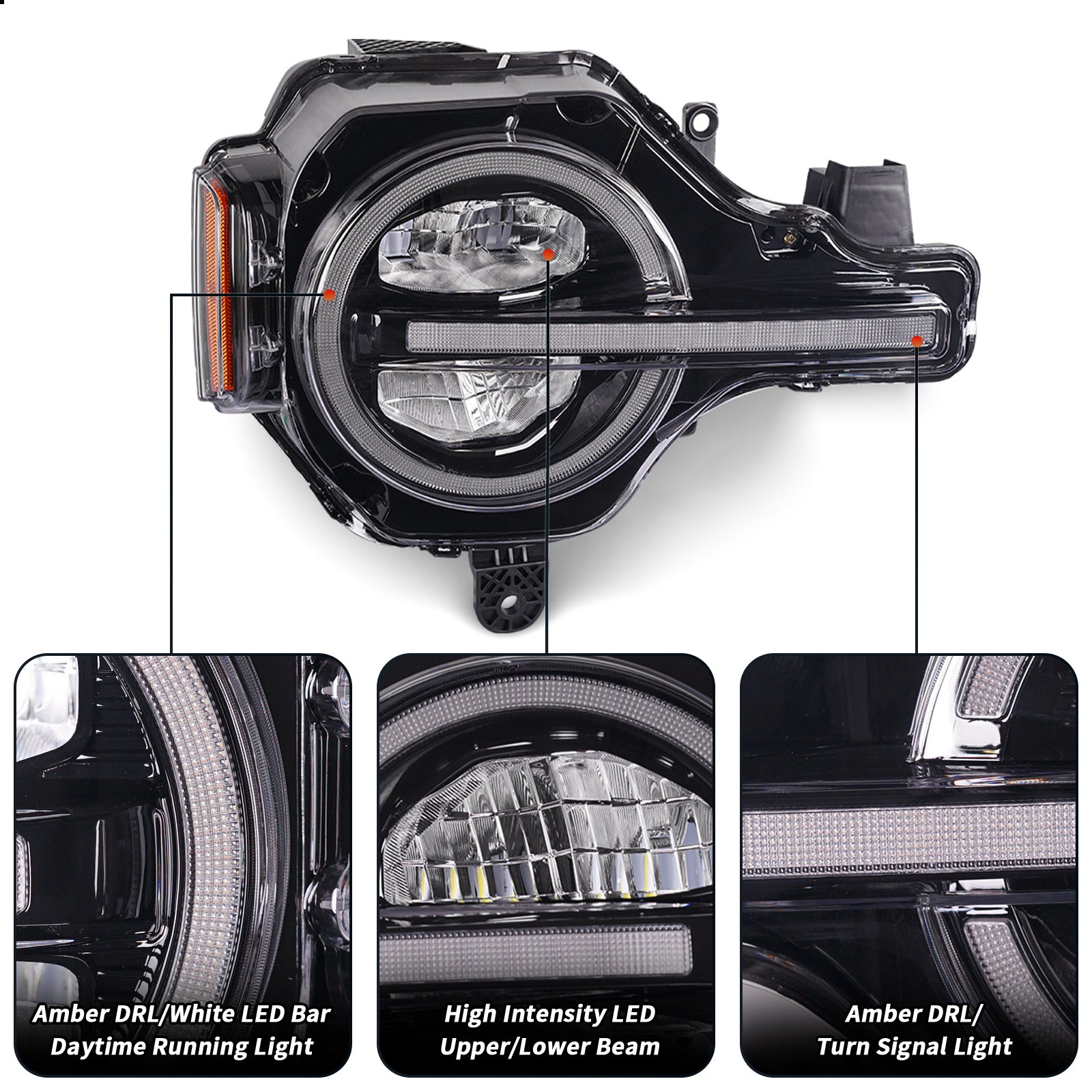 LED Headlights Assembly for 2021-2026 Ford Bronco with DRL and Amber Sequential Turn Signal (2Pcs/Set)