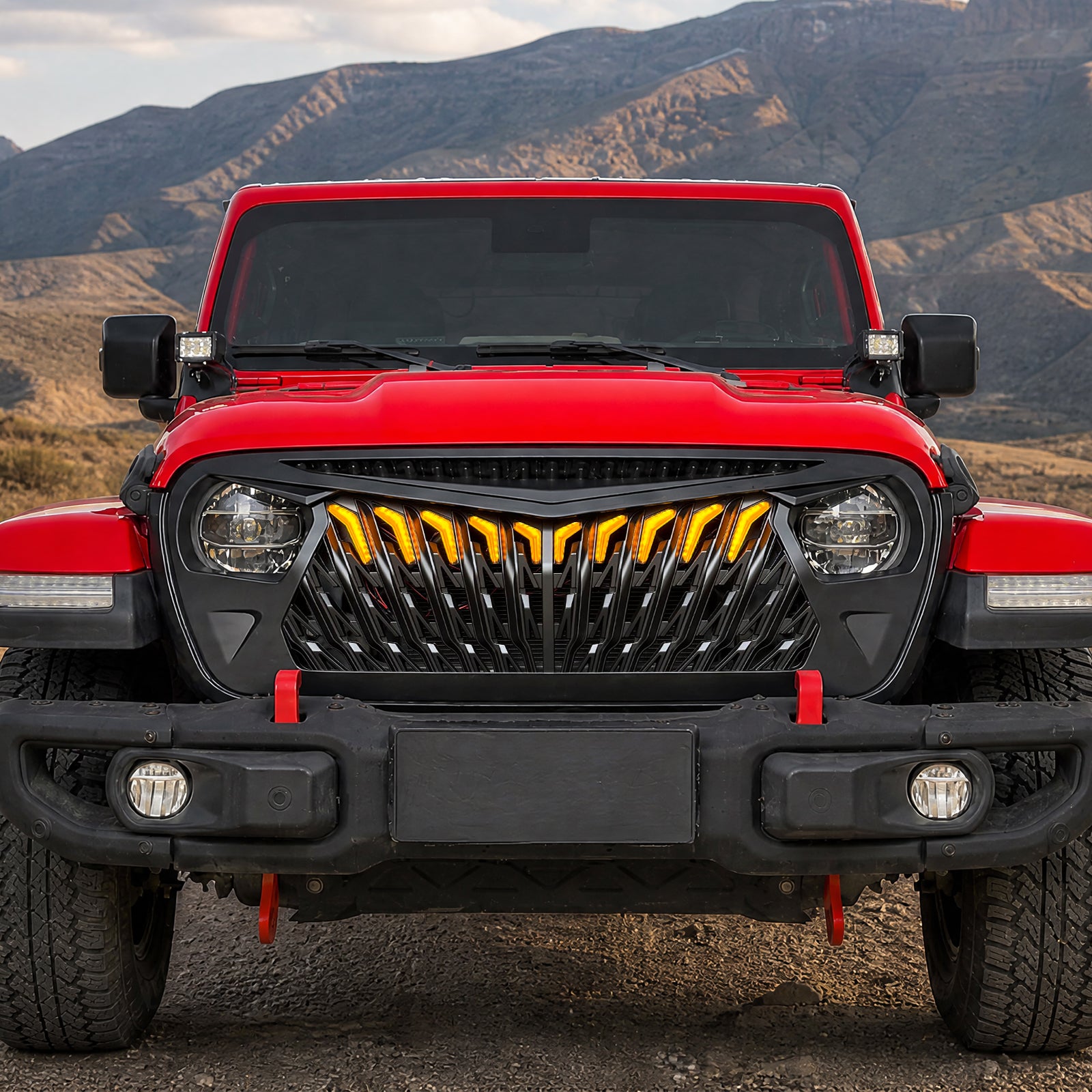 Hawk-Wing Aggressive Front Grille with Amber LED Running Lights for 2018-2026 Jeep Wrangler JL 4xe Gladiator JT