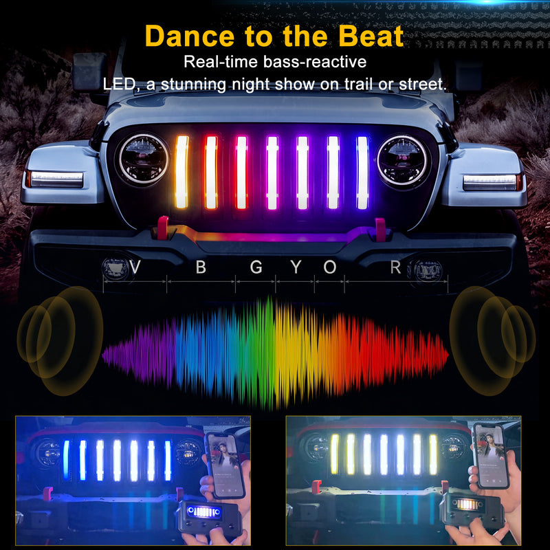 RGB LED Grille Insert Lights for 2018-2023 Jeep Wrangler JL JLU 4xe & Gladiator JT (Stock Grille / No Camera)