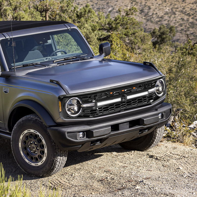 Gloss Black ABS Ford Bronco Grille with Letters, Amber Grille Lights & White DRL