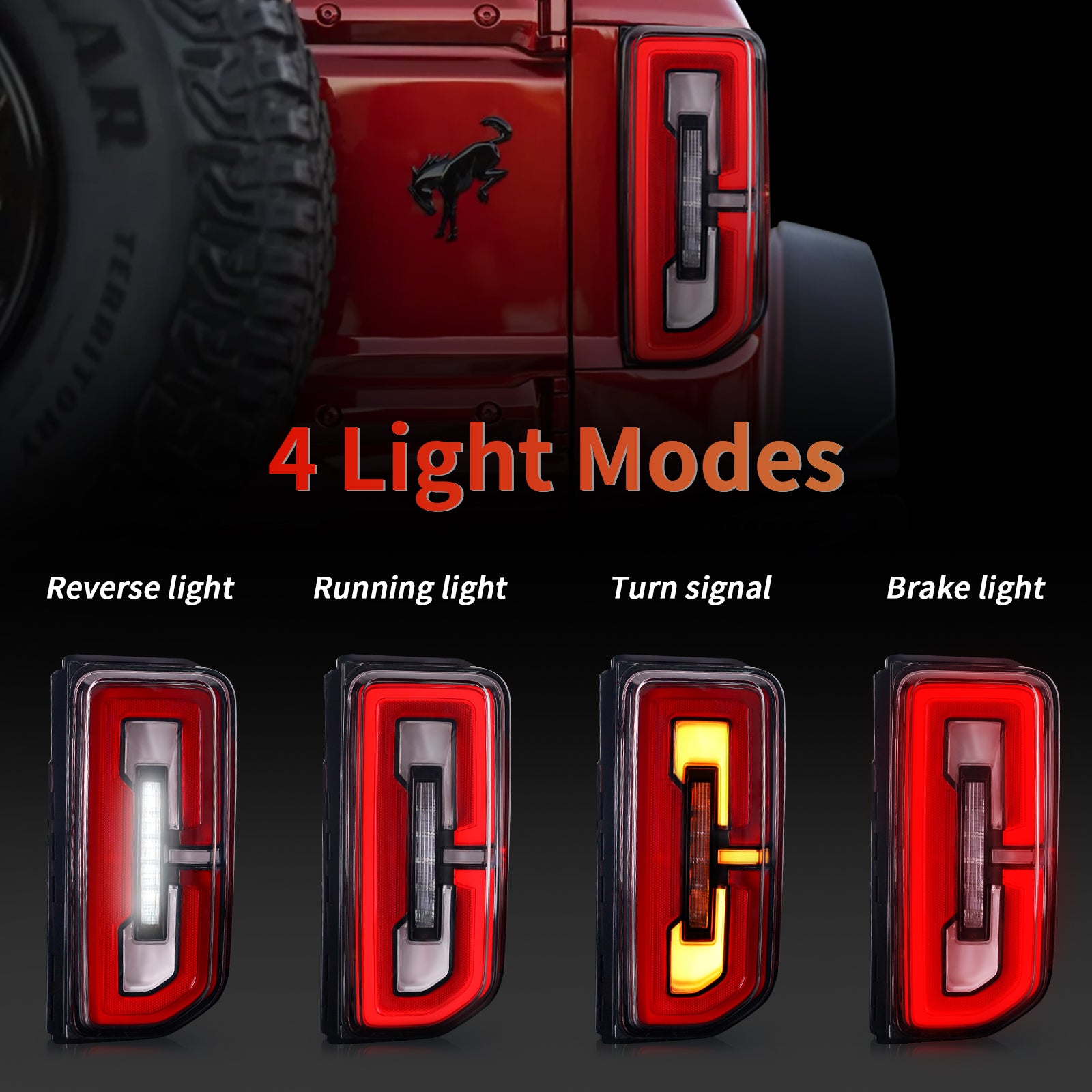 LED Tail Lights Assembly for 2021-2026 Ford Bronco Red & Smoked Lens w/ Sequential Turn Signal (2Pcs/Set)