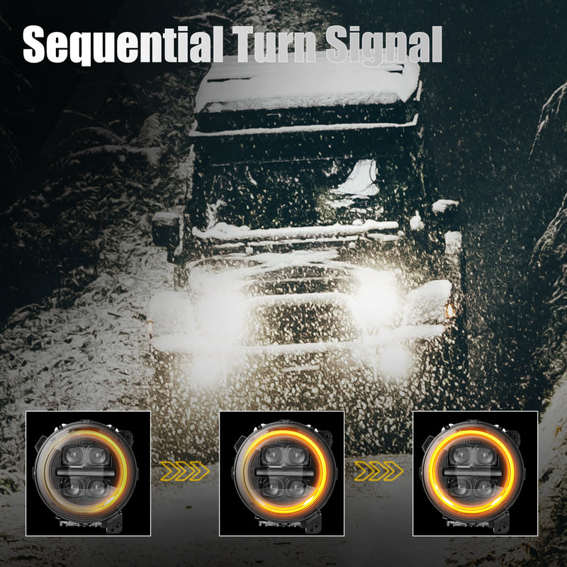 9" 3D Four Lens-Type Jeep Wrangler JL 4xe Gladiator LED Headlights Featuring a Dynamic Welcome Sequence, Integrated DRL, and Turn Signals