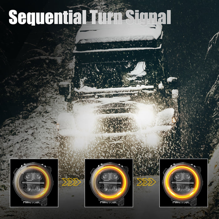 9" 3D Four Lens-Type Jeep Wrangler JL 4xe Gladiator LED Headlights Featuring a Dynamic Welcome Sequence, Integrated DRL, and Turn Signals