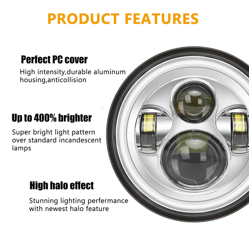 7-inch Halo Chrome/Black LED Headlight with Integrated DRL & Turn Signal for Harley (2 adapter wires)