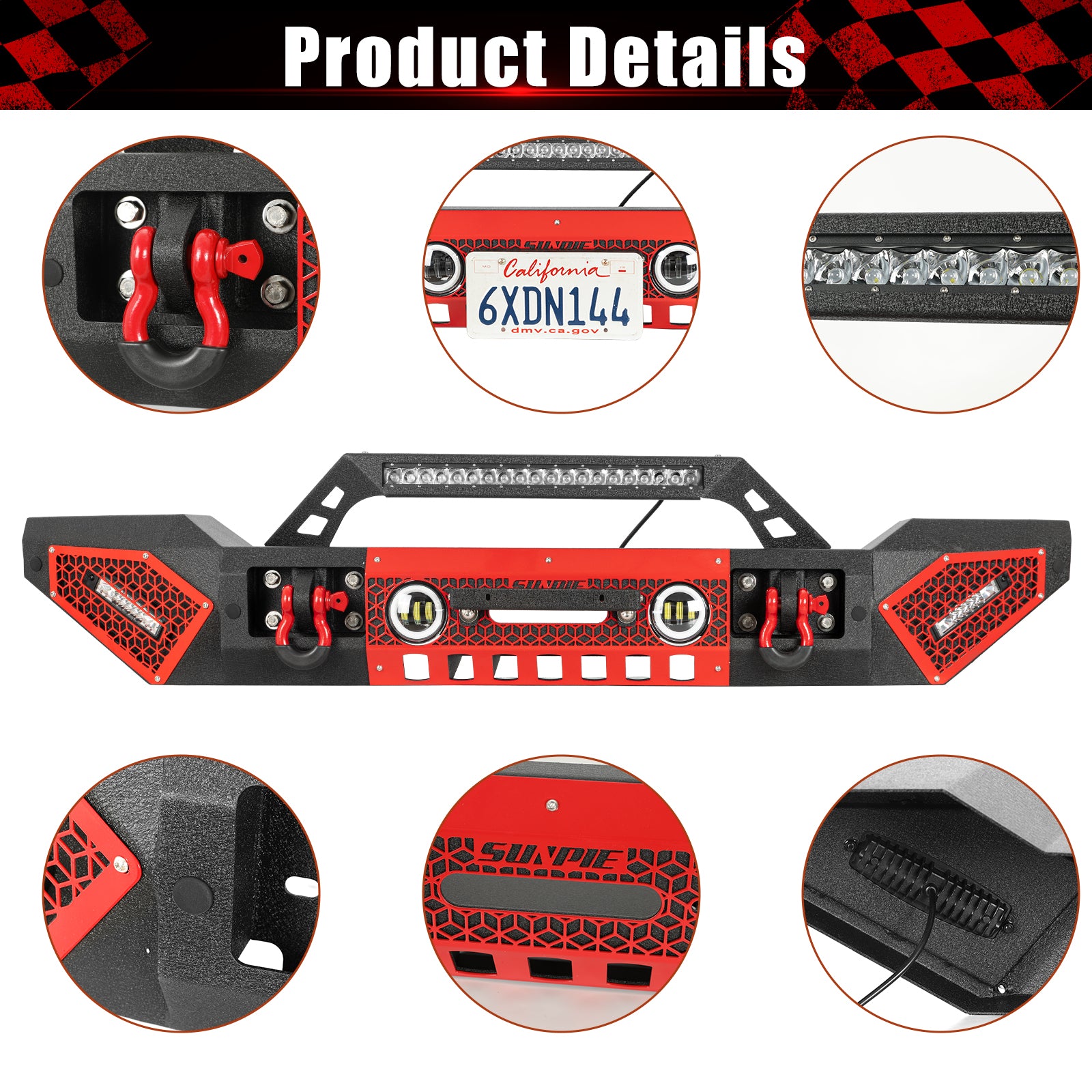 Jeep Front Bumper with Winch Plate, License Plate Bracket, LED Lights & D-Rings for 2007–2026 Jeep Wrangler JK/JL/4XE & Jeep JT