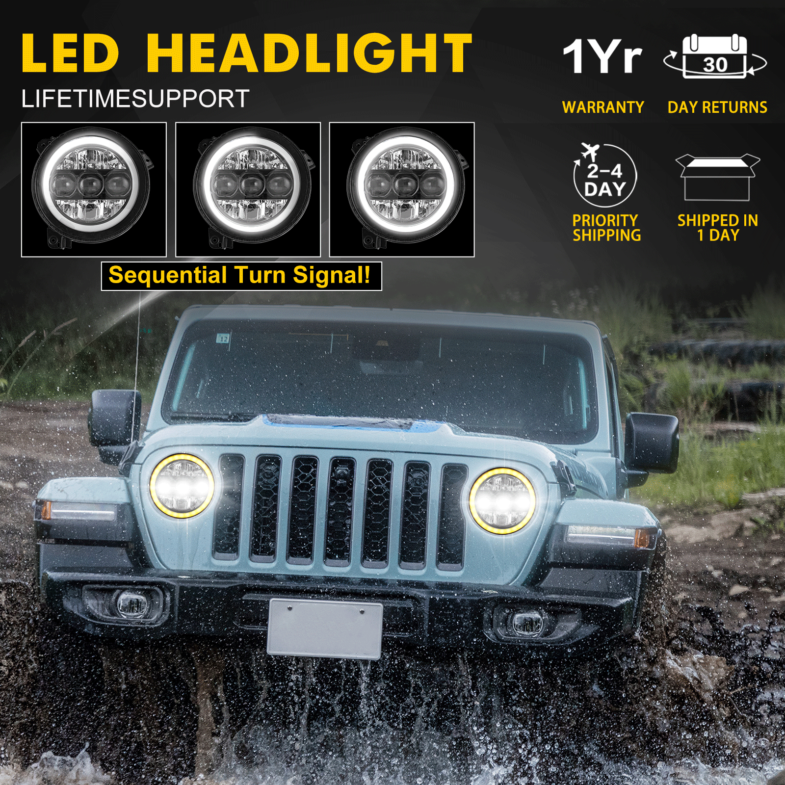 9" 90W LED Headlight with Triple Lens Design, Built-in Halo DRL & Turn Signal for '18-'26 Jeep Wrangler JL 4xe & Jeep Gladiator JT (2pcs/set)