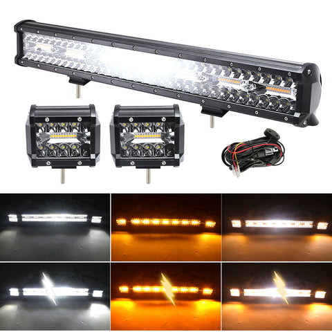 6 Modes White & Amber LED 420W 20" LIght Bar & 2PCS 60W 4" Wrok Lights for SUV ATV UTV TRUCKS PICKUP BOAT