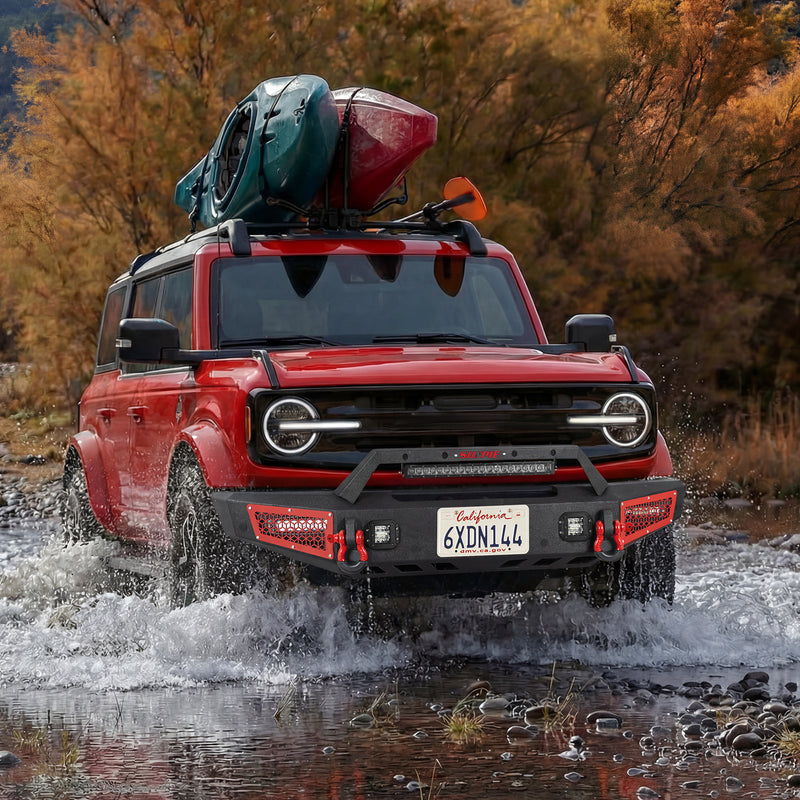 Ford Bronco Steel Front Bumper with Winch Plate and 5 LED Lights D-rings & Sensor Mounting Hole/ACC Mounting Bracket