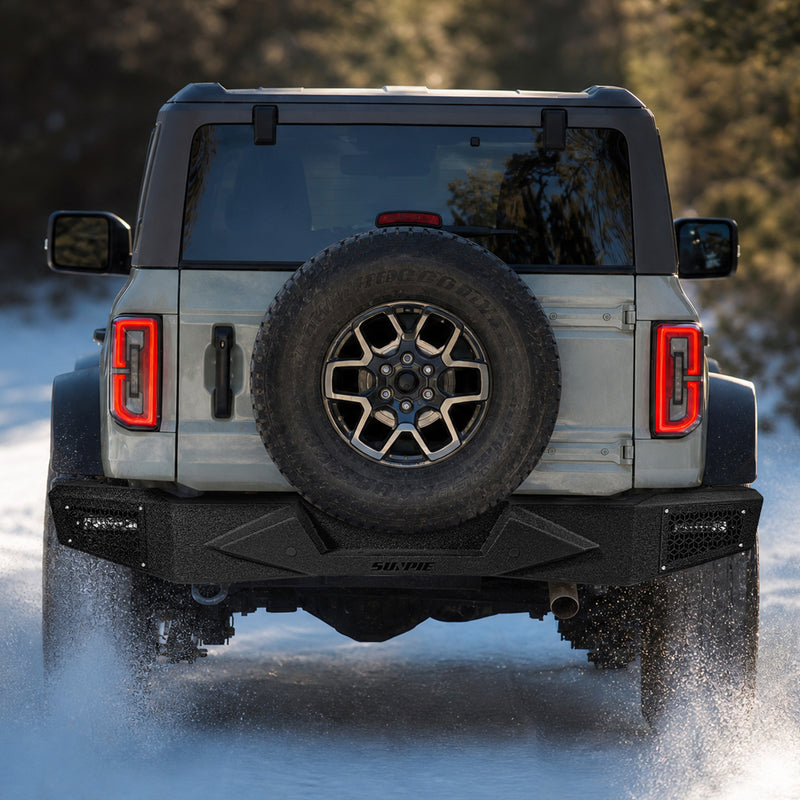 Full-Width Steel Rear Bumper with LED Work Lights, Sensor Holes & License Plate Bracket for 2021–Present Ford Bronco