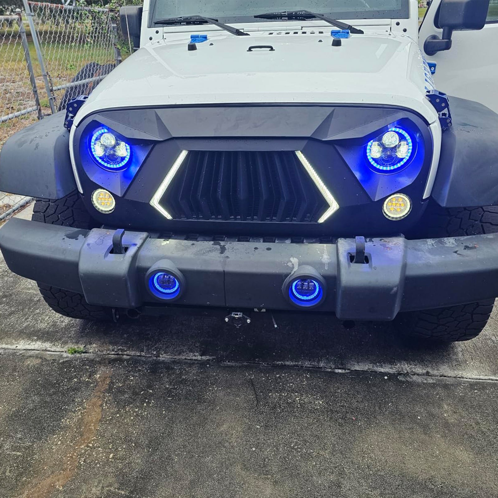 Aggressive Shark Grille with Integrated LED DRL & Turn Signals Compatible with 2007-2018 Jeep Wrangler JK JKU