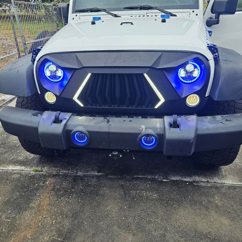 Aggressive Shark Grille with Integrated LED DRL & Turn Signals Compatible with 2007-2018 Jeep Wrangler JK JKU