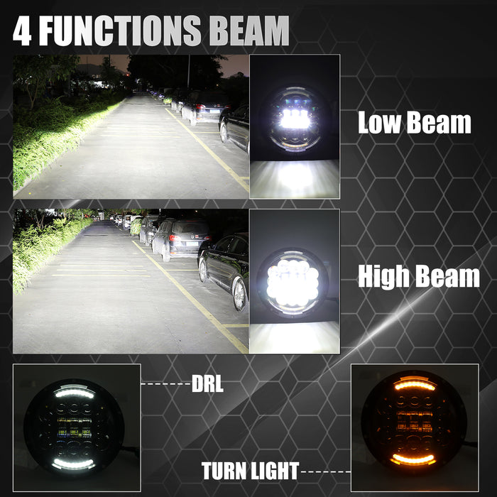 7-Inch Black LED Headlight with 12 LED Beads with Hi/Lo Beam, DRL and Amber Turn Signal  for Harley