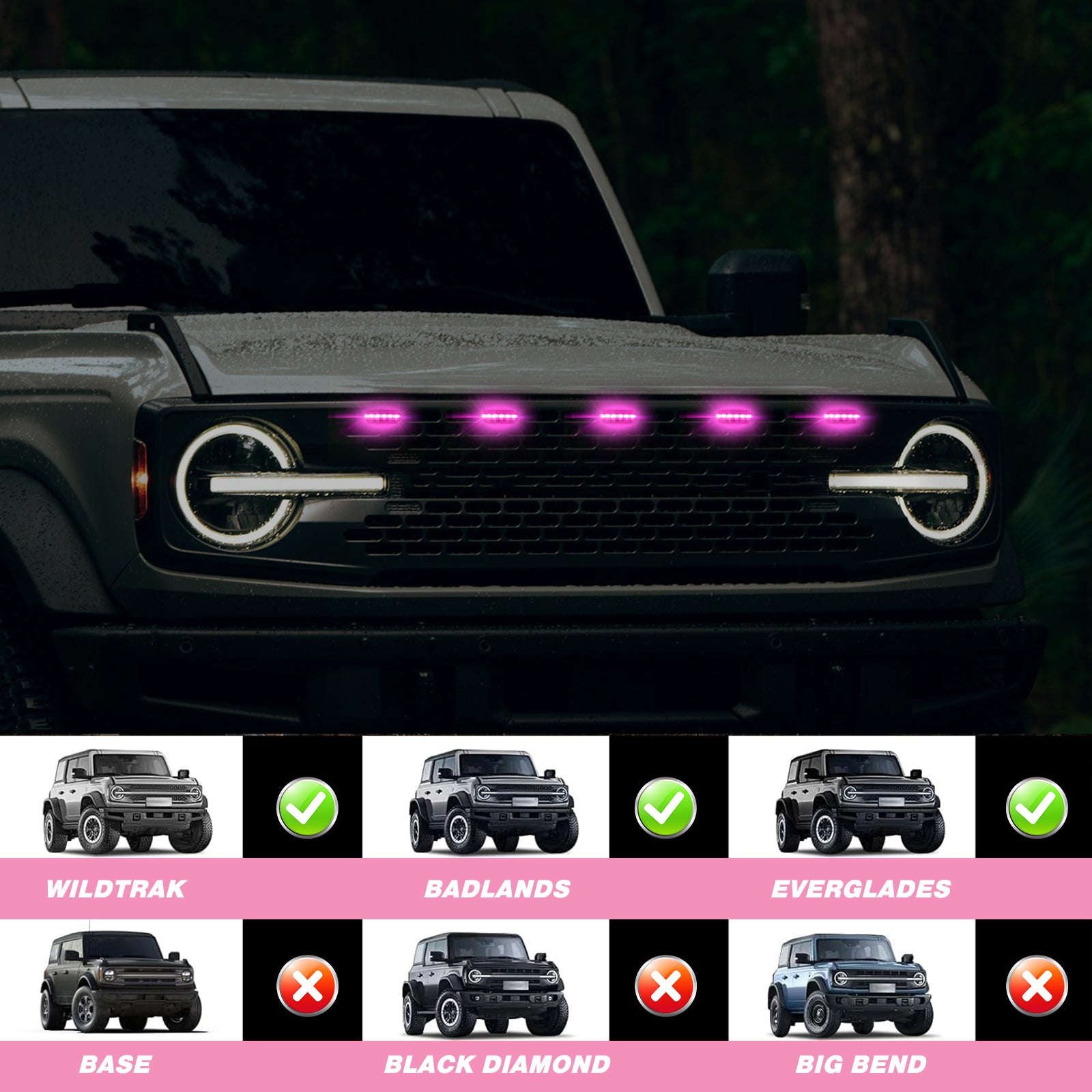 5PC RGB LED Grille Lights with App Control for 2021-2026 Ford Bronco 2/4 Doors Badlands/Wildtrak/Everglades
