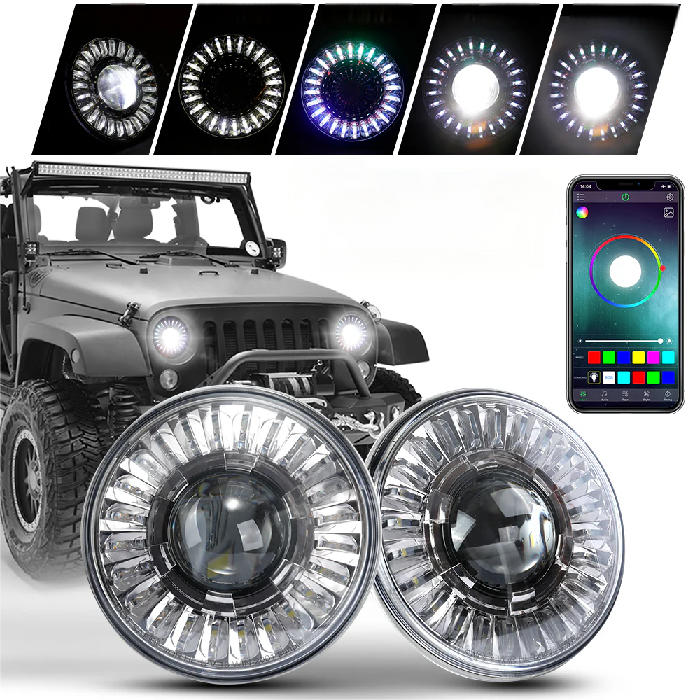 7" 3D RGBW Halo LED Headlights & 4" Fog Lights Combo Kit for 2007-2018 Jeep Wrangler JK JKU (Chrome/Black)