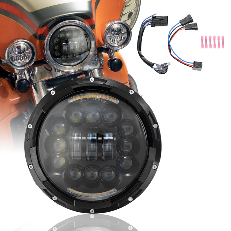 7-Inch Black LED Headlight with 12 LED Beads with Hi/Lo Beam, DRL and Amber Turn Signal  for Harley