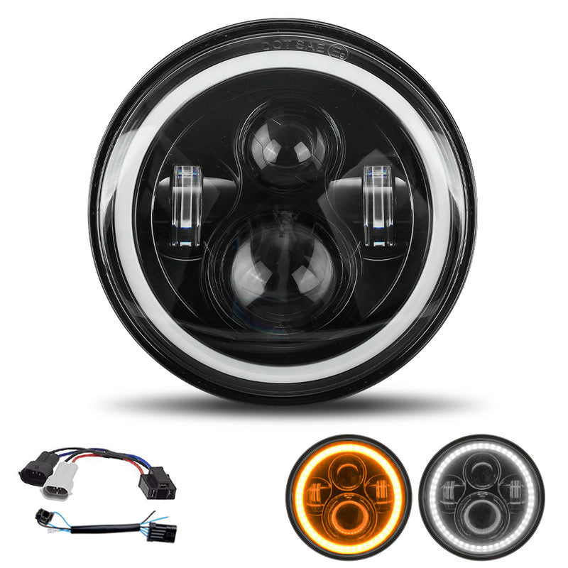 7-inch Halo Chrome/Black LED Headlight with Integrated DRL & Turn Signal for Harley (2 adapter wires)