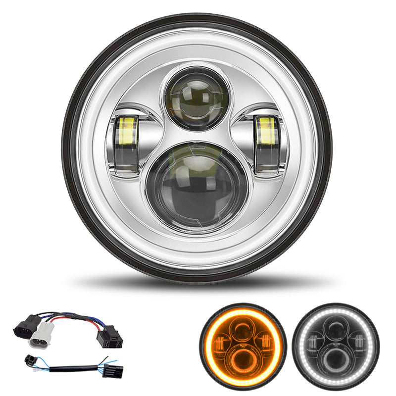 7-inch Halo Chrome/Black LED Headlight with Integrated DRL & Turn Signal for Harley (2 adapter wires)
