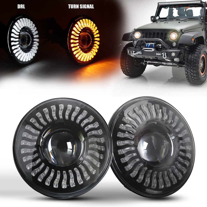 7"3D Halo LED Headlights with DRL and Turn Signal for 1976-2018 Jeep Wrangler CJ TJ LJ JK JKU (2pcs/set)