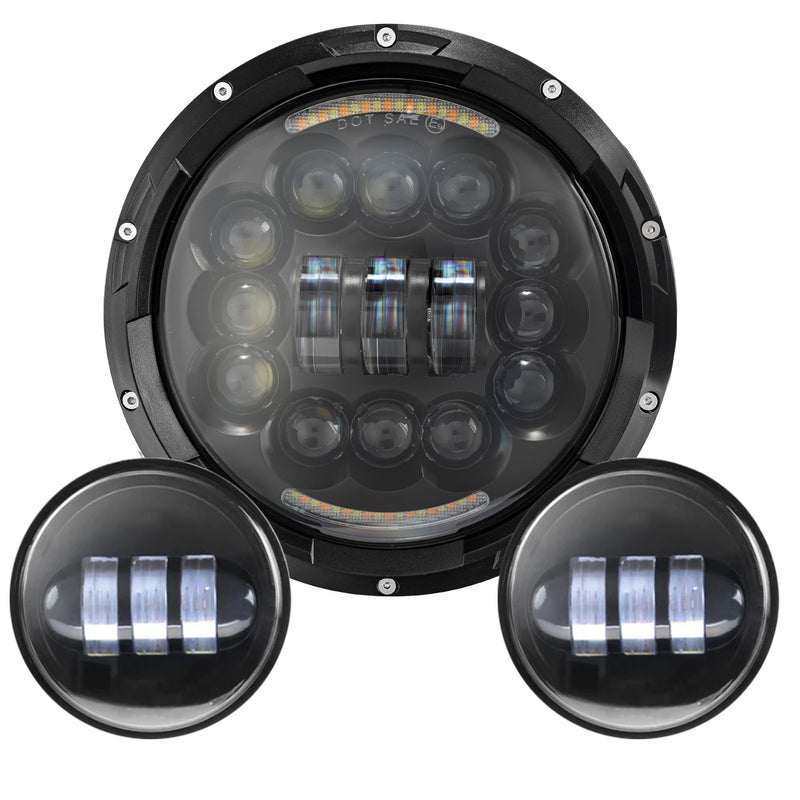 7" LED Black Headlight w/ 4.5" Auxiliary Lights w/ Mounting Bracket & Ring for Harley and Indian