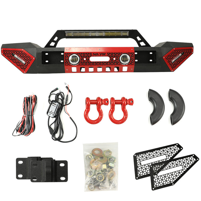 Jeep Wrangler Textured Black Front Bumper with 3 LED Work Lights & 4" RGBW Fog Lights 2 D-Rings & Winch Plate for JK/JKU JL/JLU 4xe Jeep Gladiator JT