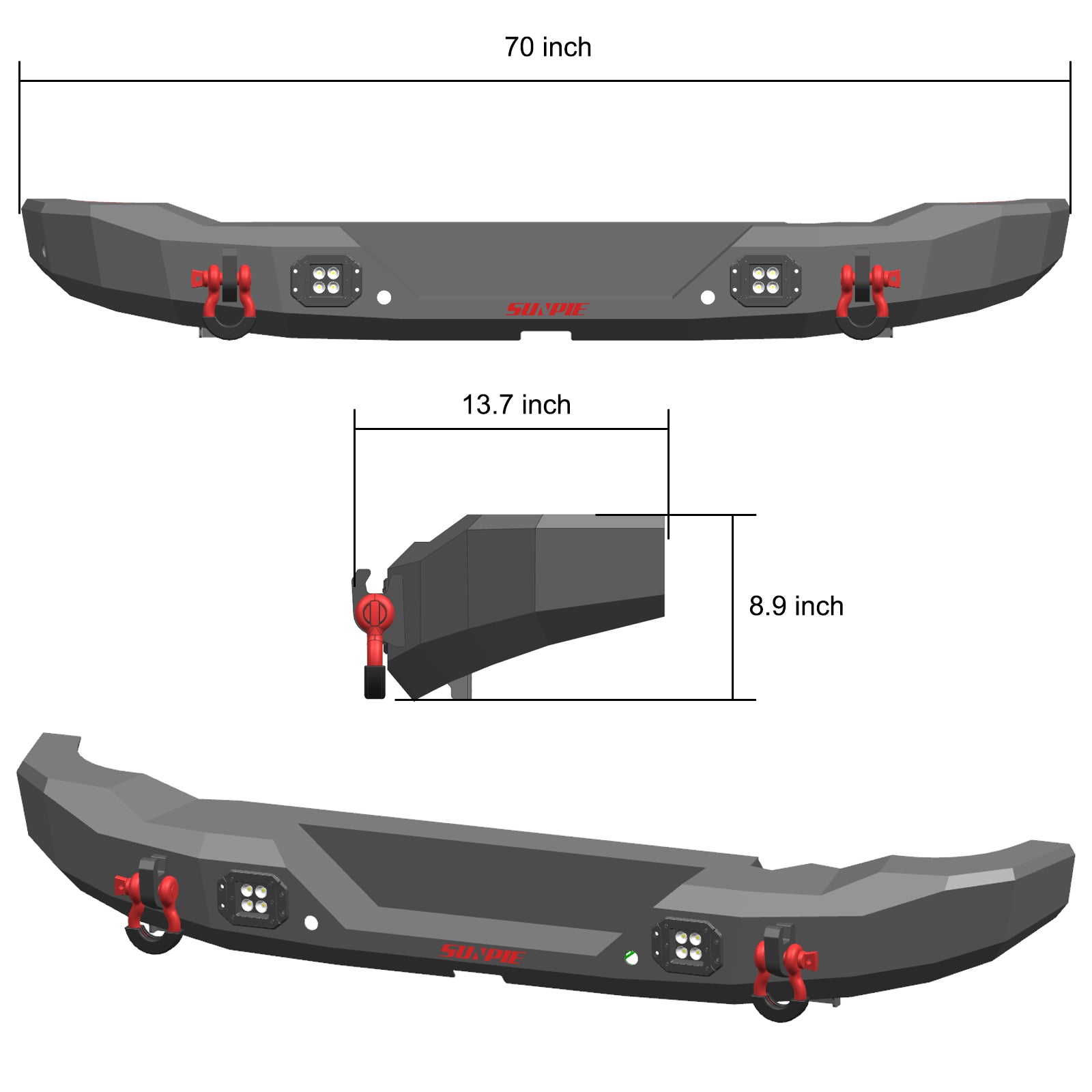 Ford Bronco Heavy Duty Steel Rear Bumper with LED Work Lights, Sensor Holes & D-Rings