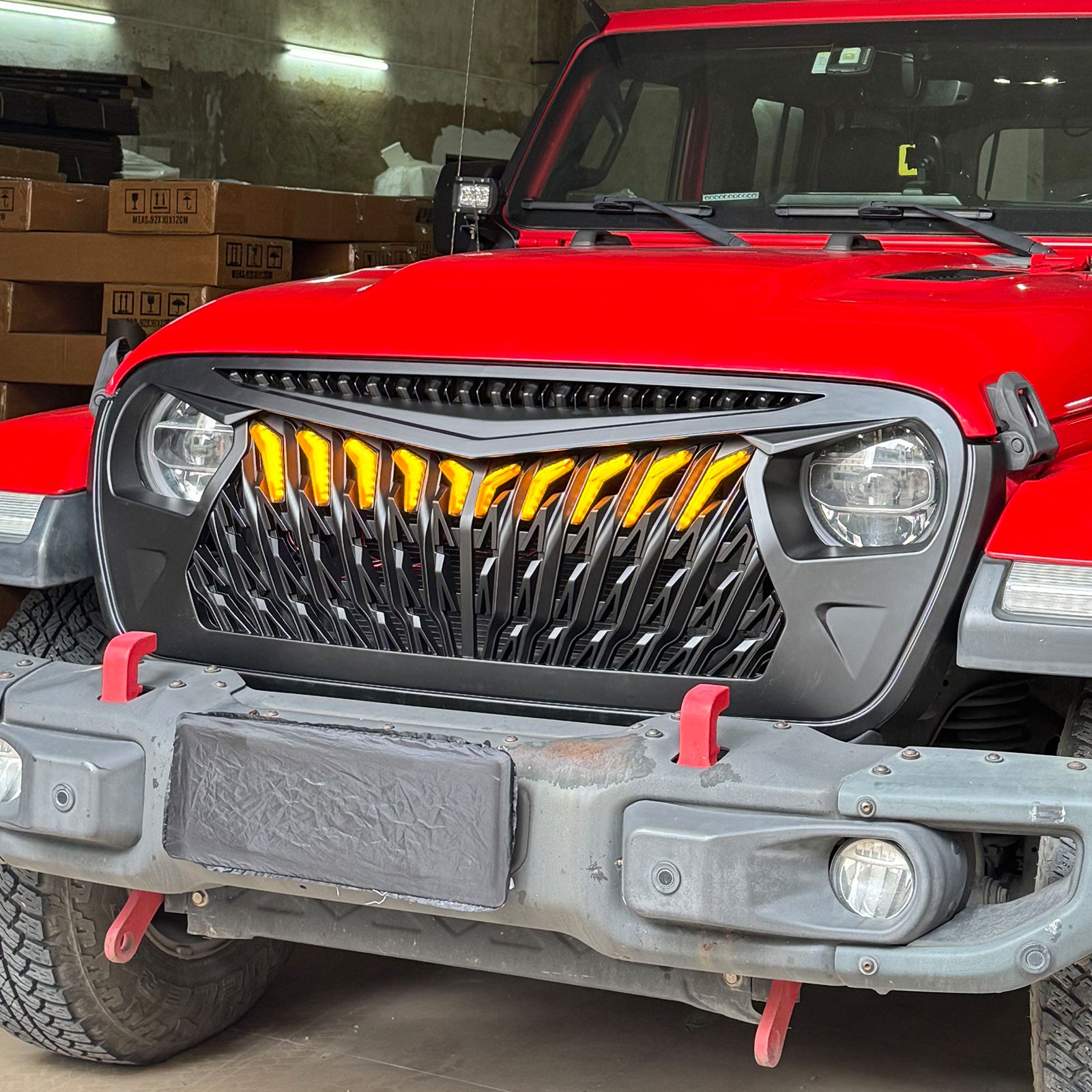 Hawk-Wing Aggressive Front Grille with Amber LED Running Lights for 2018-2026 Jeep Wrangler JL 4xe Gladiator JT