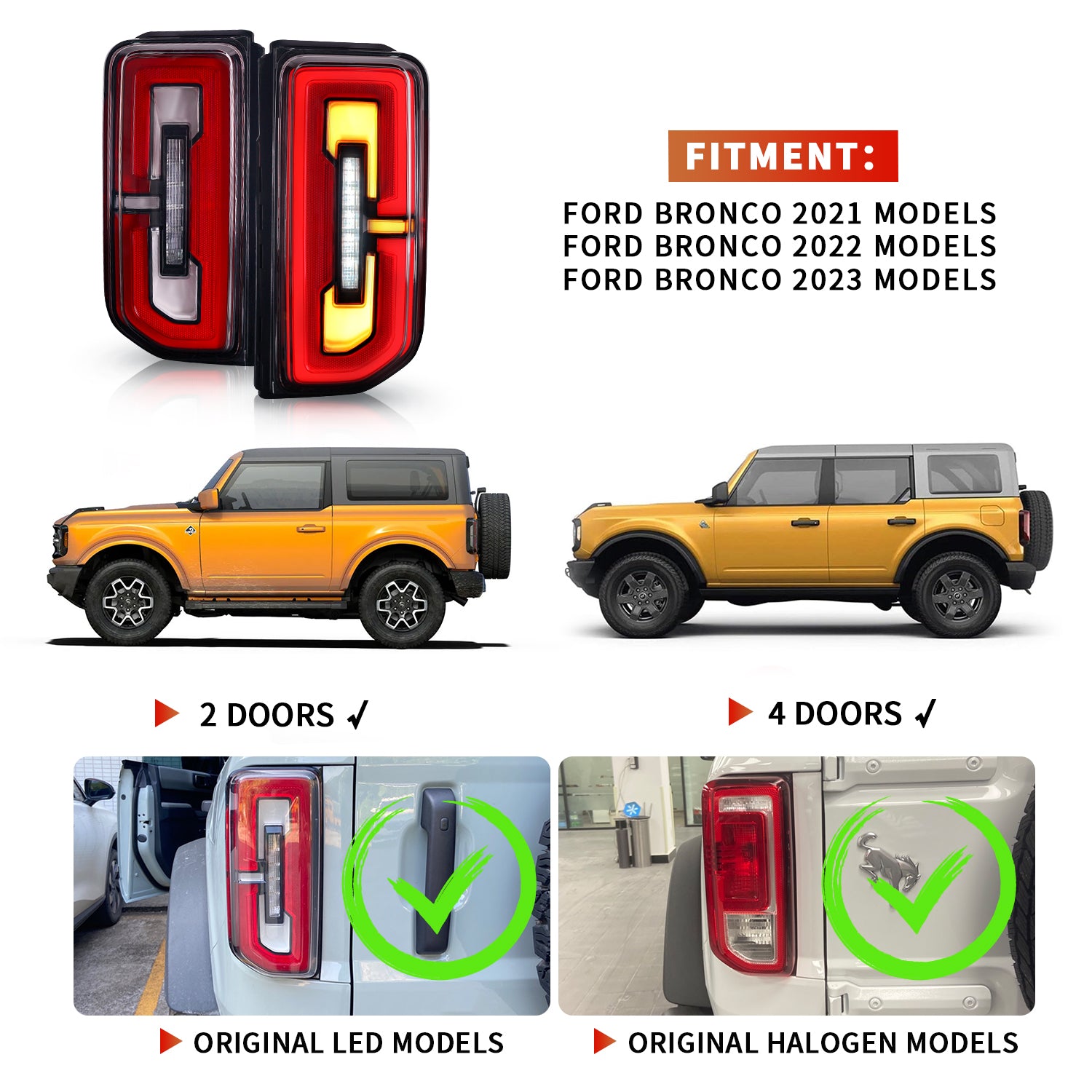 LED Tail Lights Assembly for 2021-2026 Ford Bronco Red & Smoked Lens w/ Sequential Turn Signal (2Pcs/Set)