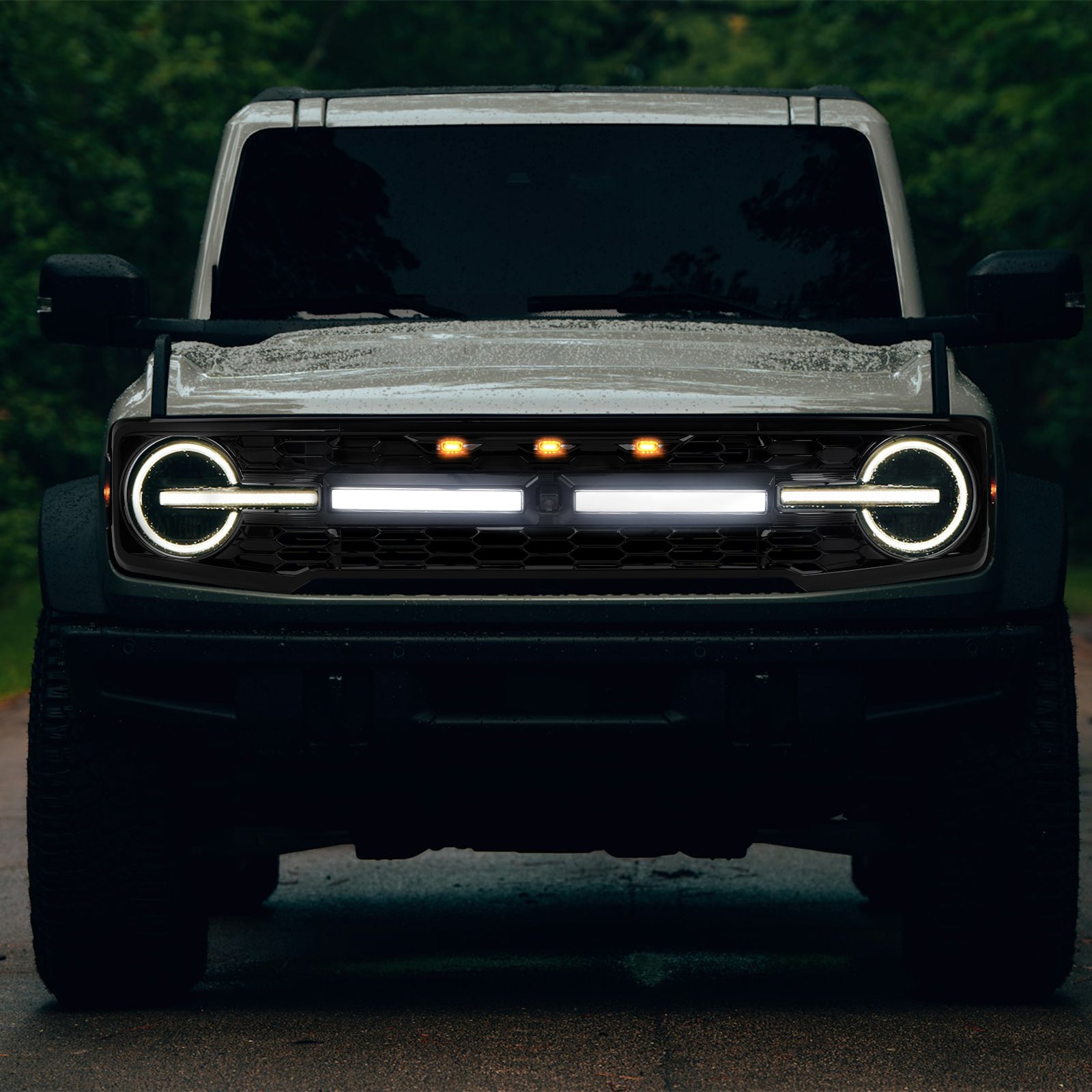 Gloss Black ABS Ford Bronco Grille with Letters, Amber Grille Lights & White DRL