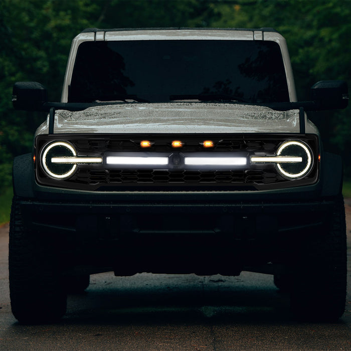 Gloss Black ABS Ford Bronco Grille with Letters, Amber Grille Lights & White DRL