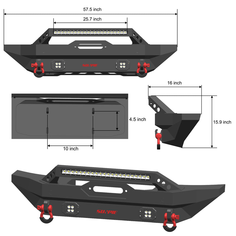 Heavy-Duty Ford Bronco Front Bumper with Integrated Work Lights, Sensor Ports, License Plate Bracket & D-Ring