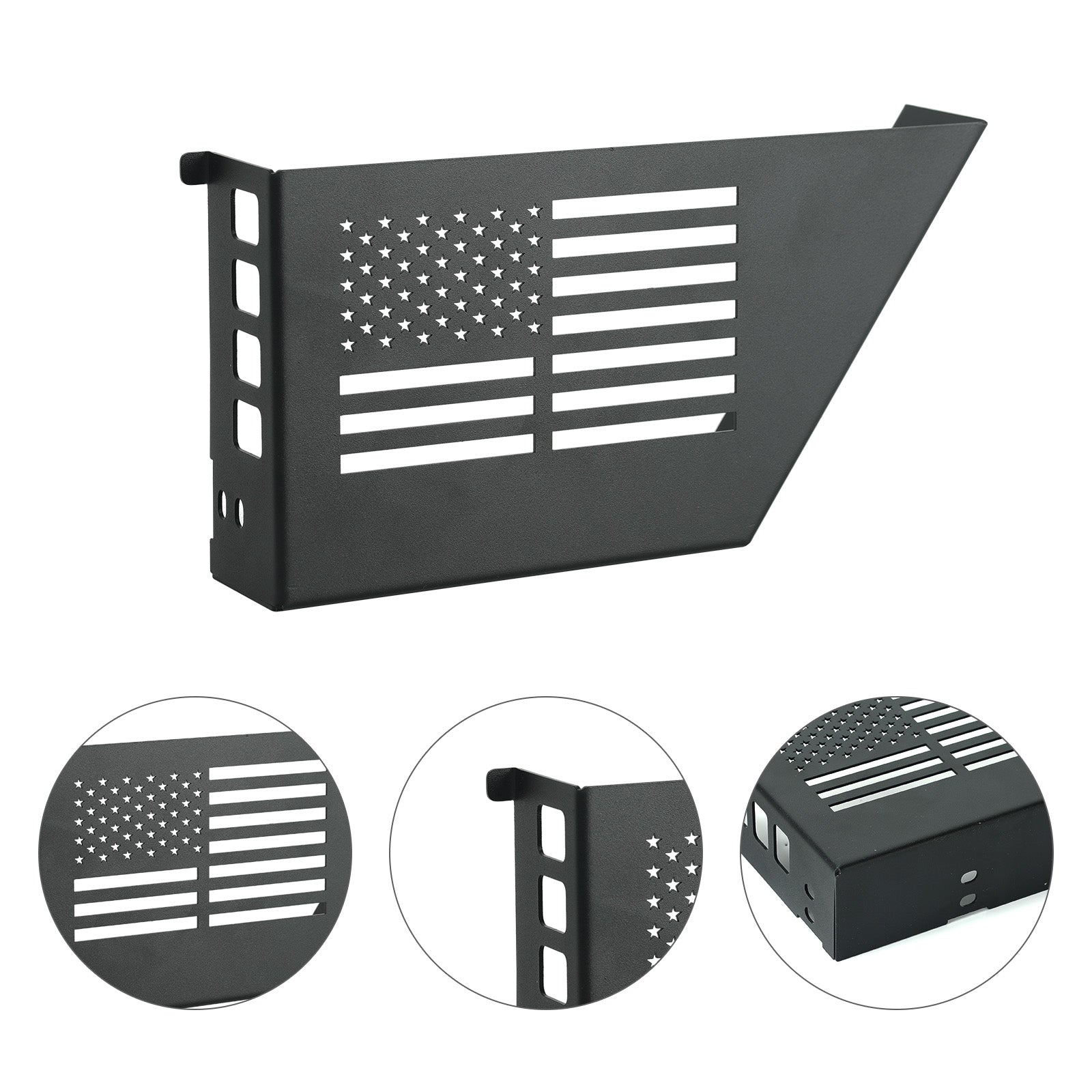 Jeep Metal Front Door Storage Box for '07-'18 Jeep Wrangler JK JKU 2/4 Door (2PCS) with American flag design.