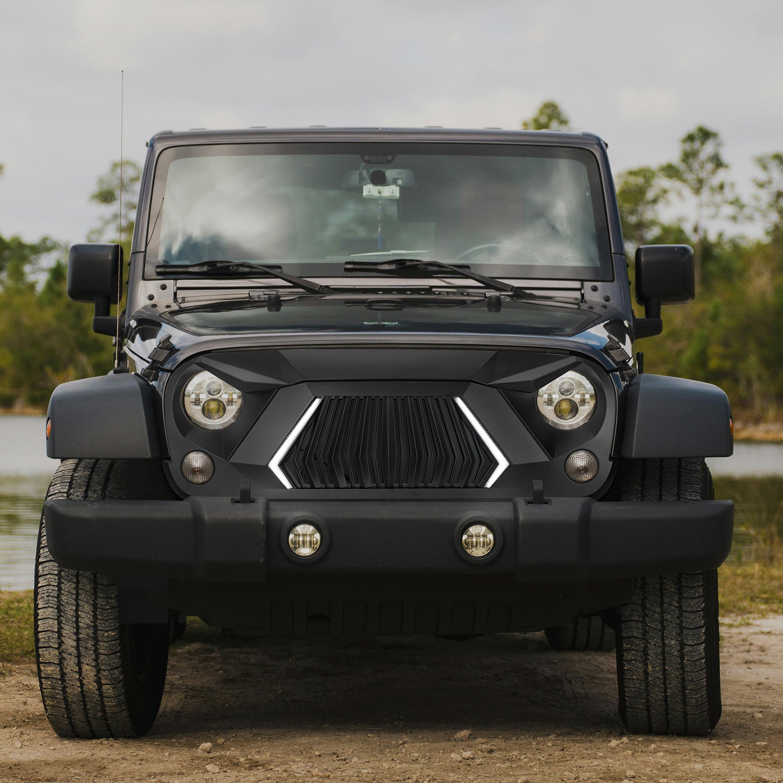Aggressive Shark Grille with Integrated LED DRL & Turn Signals Compatible with 2007-2018 Jeep Wrangler JK JKU