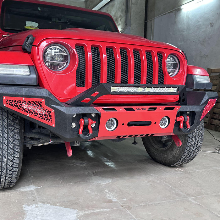 Sunpie Black Steel Front Bumper with Winch Plate and Front License Plate Holder, LED Lights & D-Rings for 2007-2025 Jeep Wrangler JK/JL 4xe & Jeep Gladiator
