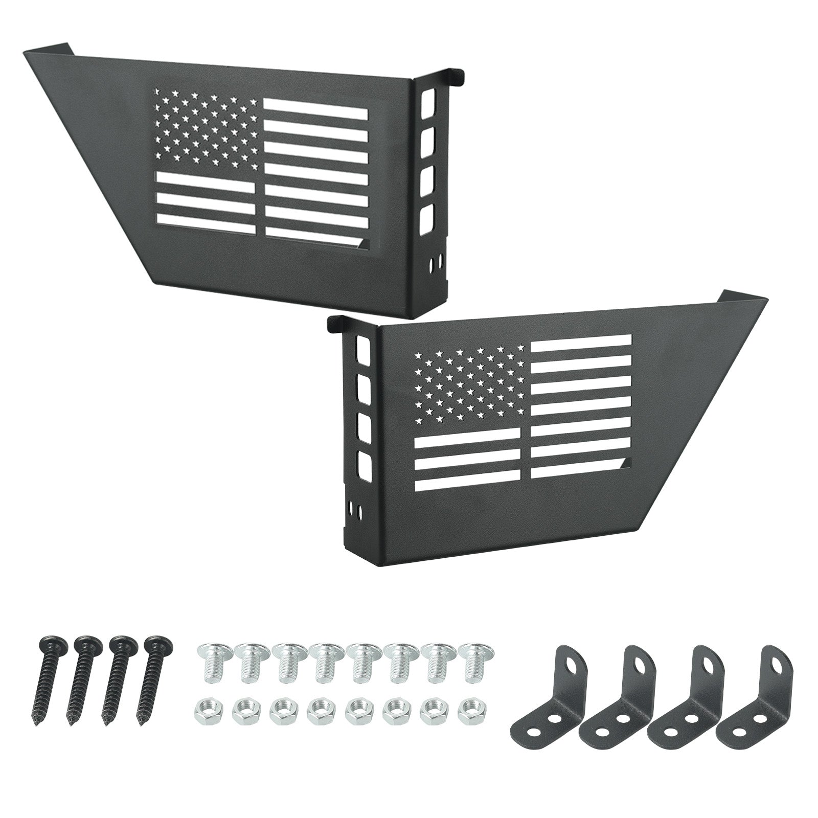 Jeep Metal Front Door Storage Box for '07-'18 Jeep Wrangler JK JKU 2/4 Door (2PCS) with American flag design and hardware.