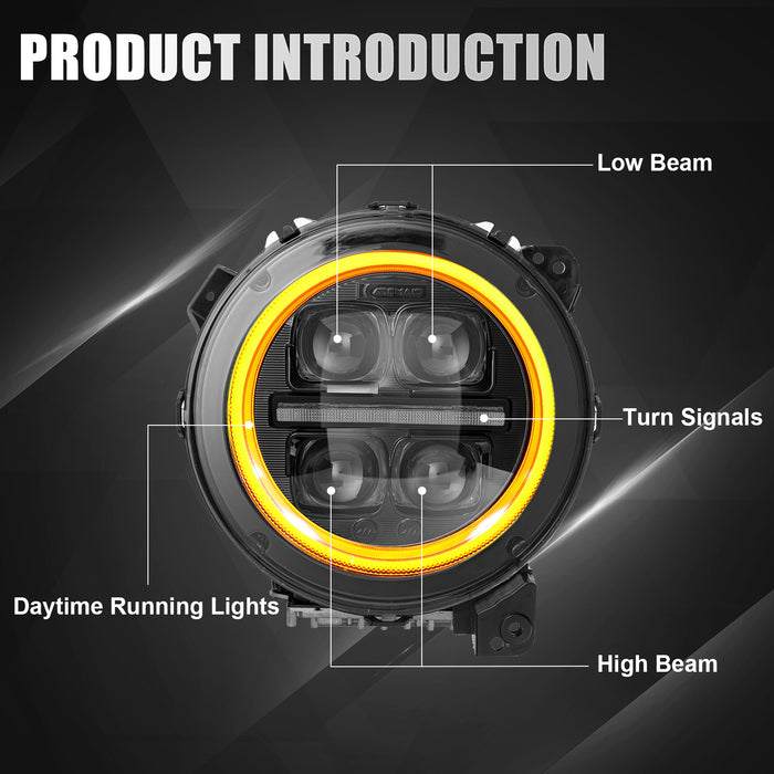9" 3D Four Lens-Type Jeep Wrangler JL 4xe Gladiator LED Headlights Featuring a Dynamic Welcome Sequence, Integrated DRL, and Turn Signals