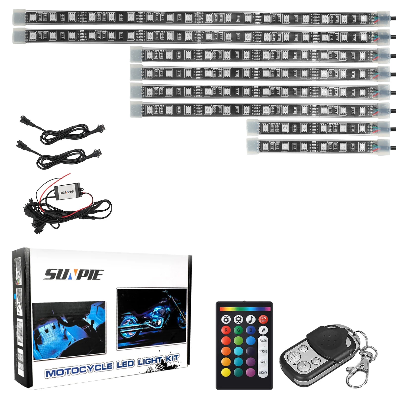 Universal Motorcycle RGB LED Light Kit with Dual Remotes (Advanced Rectangular Controller & 4-Key Keychain)