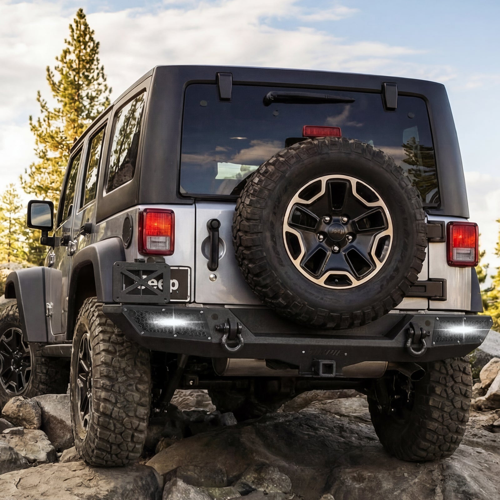 Jeep Wrangler JK 2007-2018 Rear Bumper With 37" Tire Carrier & LED Lights – Textured Black Steel