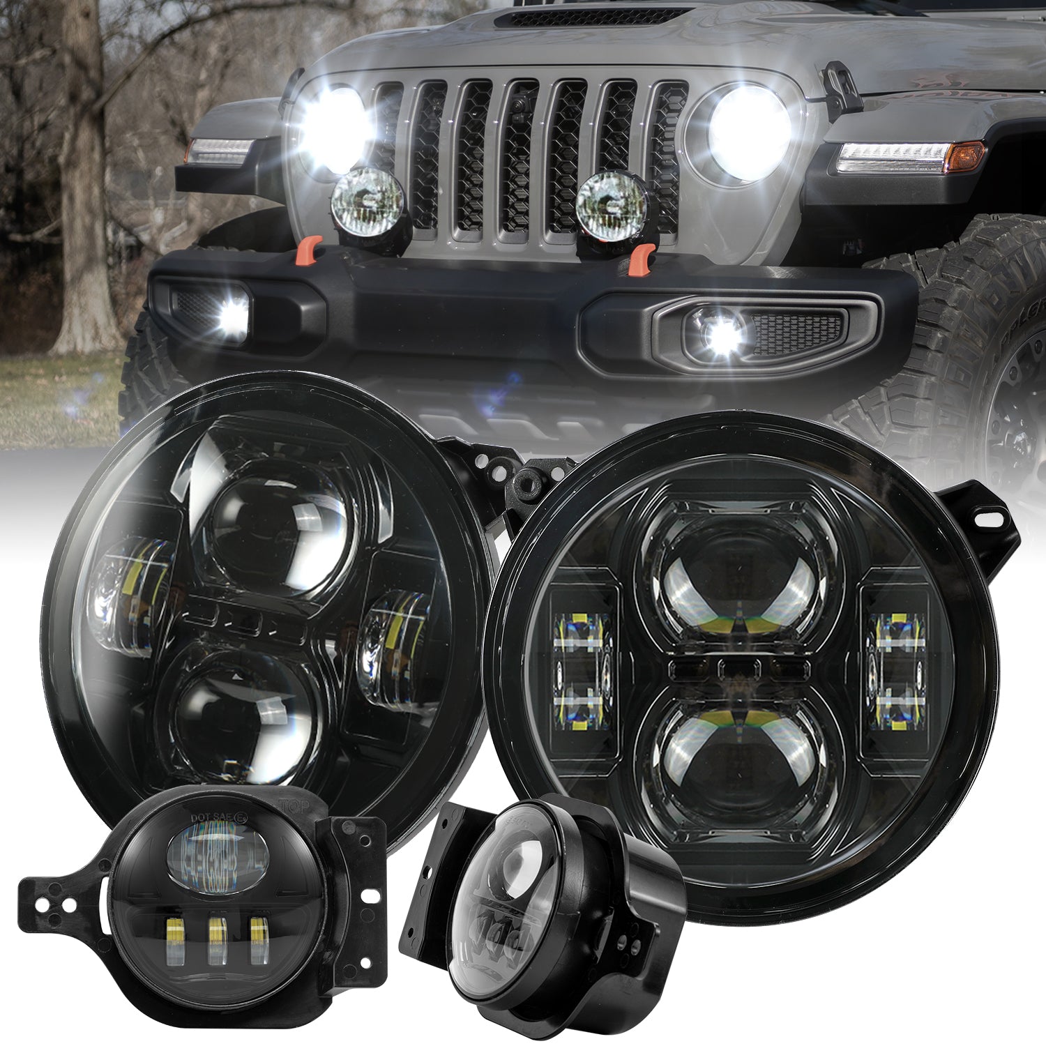 9"Black High/Low Beam LED Leadlights & 4" 5D LED Fog Lights Combo Kit for 2018-2026 Jeep Wrangler JL 4XE & Jeep Gladiator